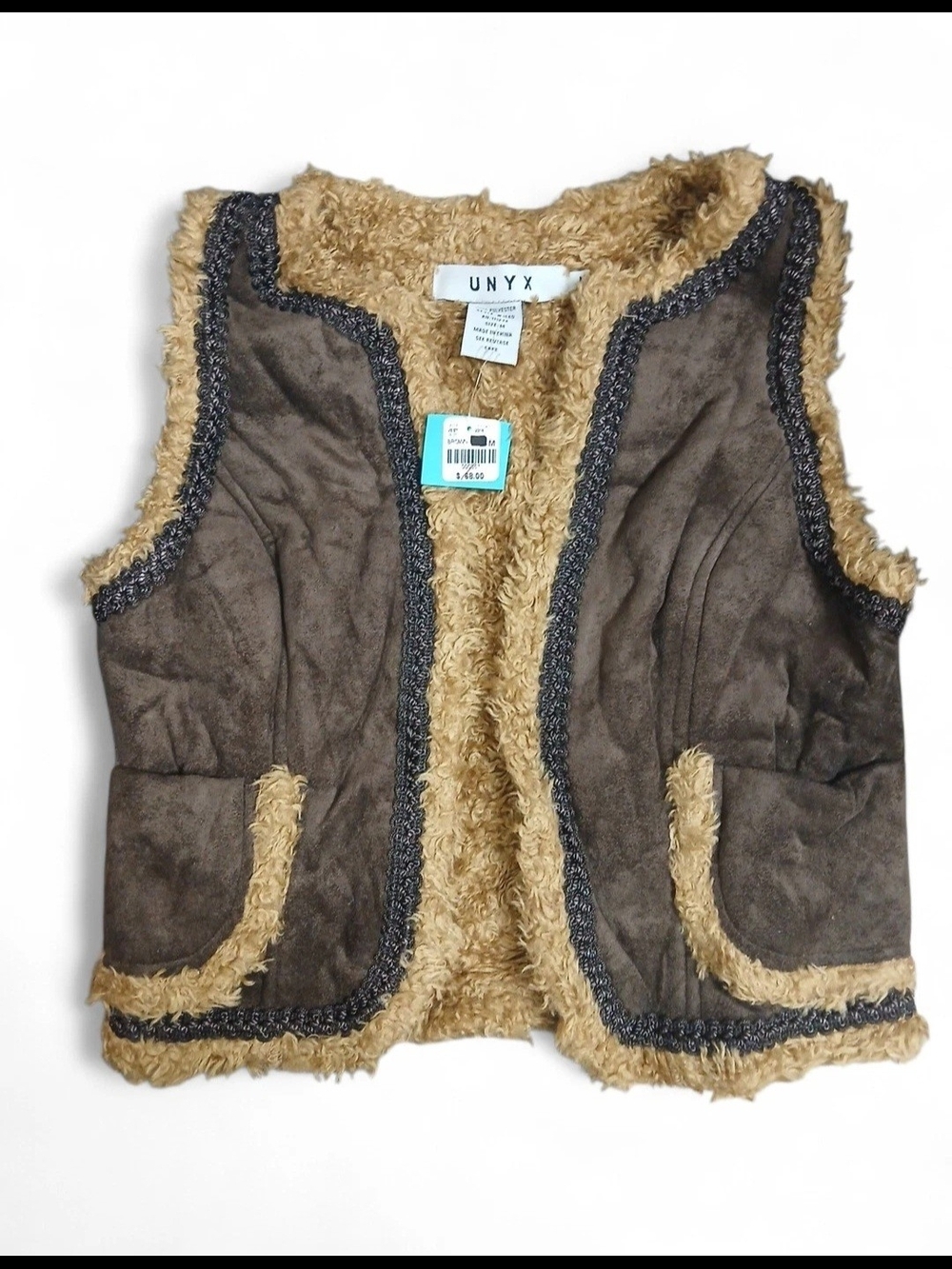 UNYX Girls' Faux Suede Vest with Sherpa Trim - Brown & Tan